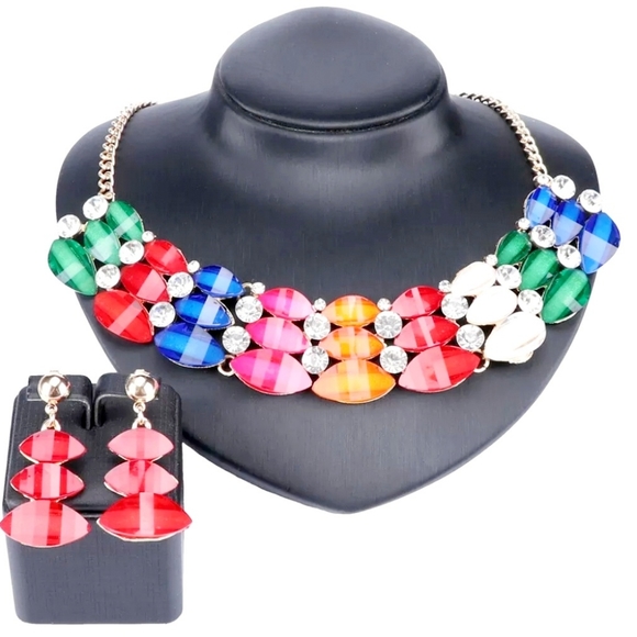 18K gold plated crystal rainbow double stacked necklace earrings set. - Picture 9 of 11